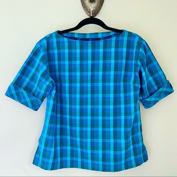 SOLD Vintage Handmade Turquoise Plaid Gingham Boatneck Top - Picture 7 of 9